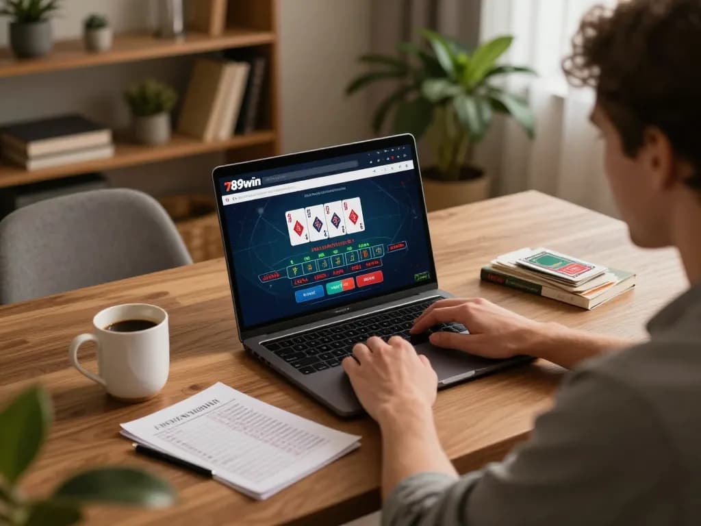 Engaging online gaming moment showcasing a player accessing the 789win link for live dealer blackjack, with cards and bankroll strategy notes visible.