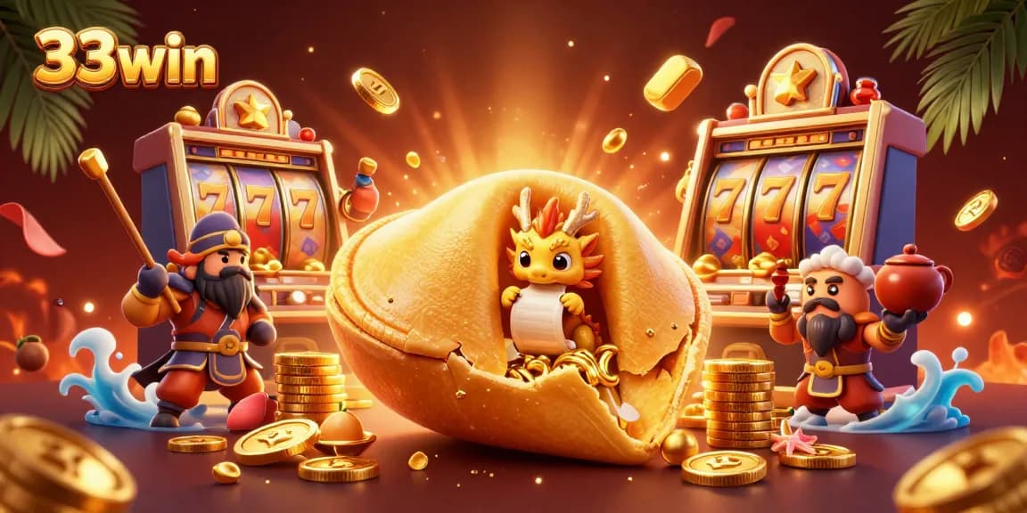 Join the action at 33win with giant fortune cookie and wise dragon amid a vibrant casino scene.