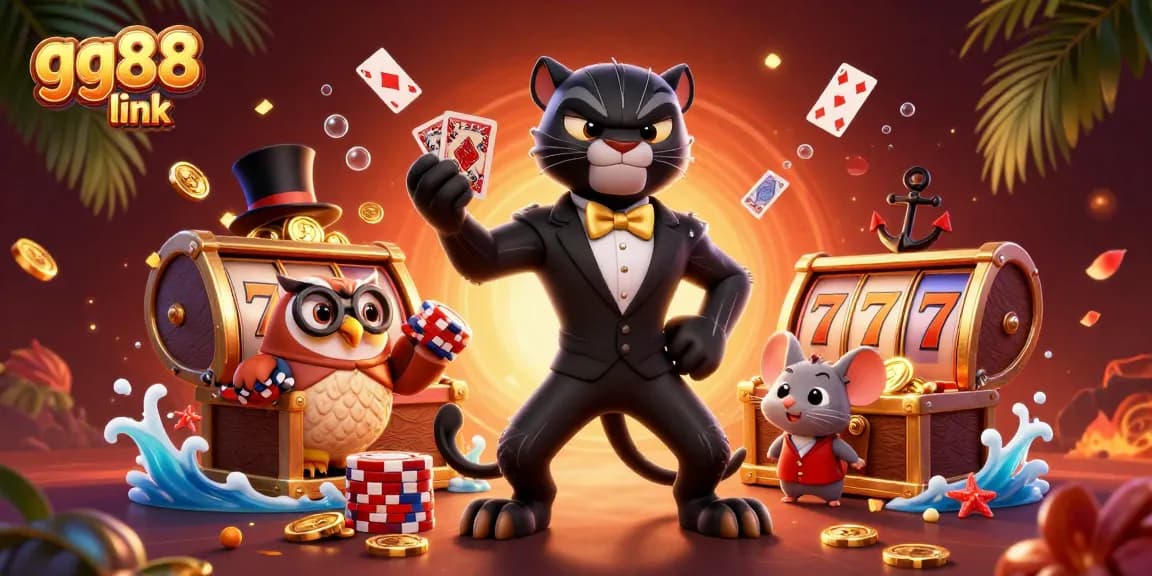Experience the excitement of winning with the gg88 link in a vibrant casino-themed scene featuring a stylish panther and friends.