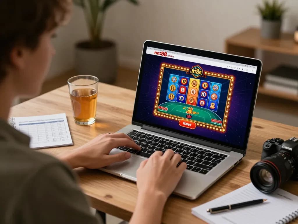 Player analyzing their strategy on Net88's online casino platform, focusing on poker and slots.