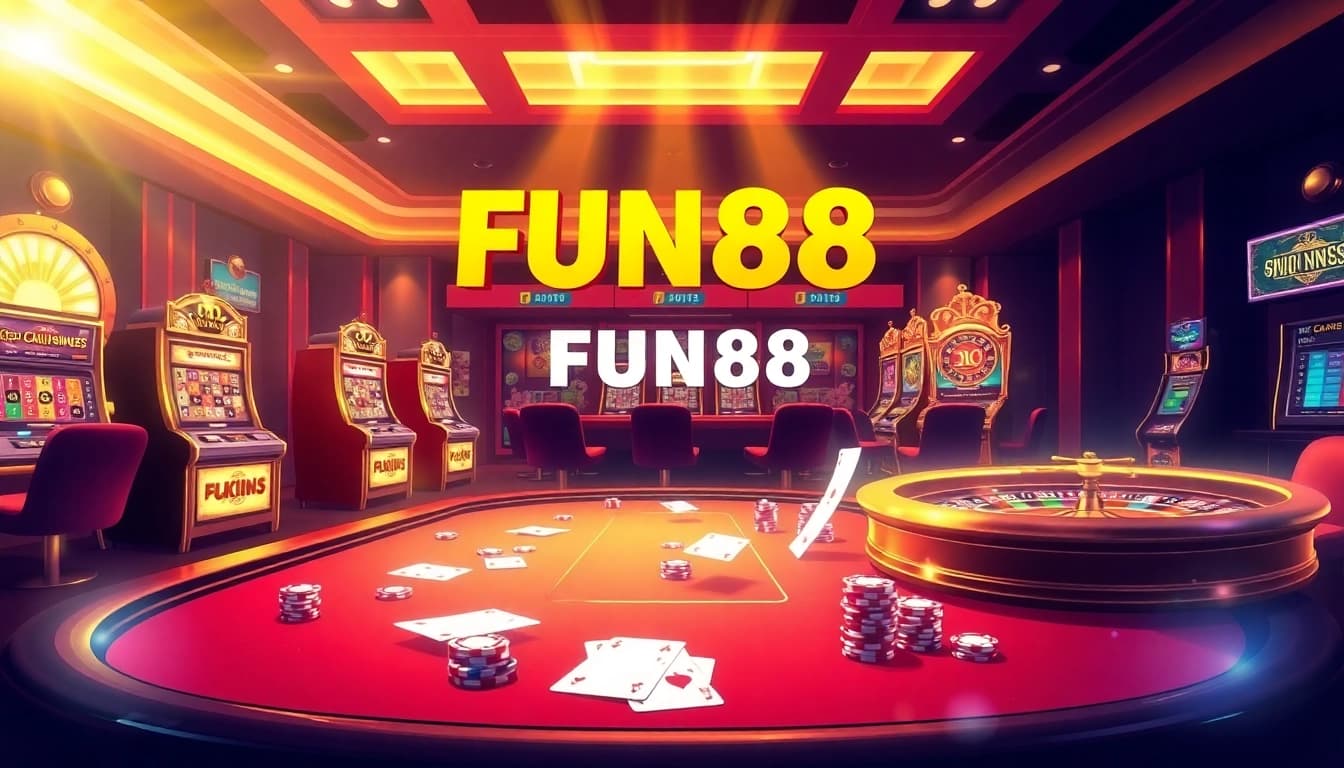 Experience the excitement of FUN88 แท้ with a captivating online casino scene featuring poker tables and slot machines.