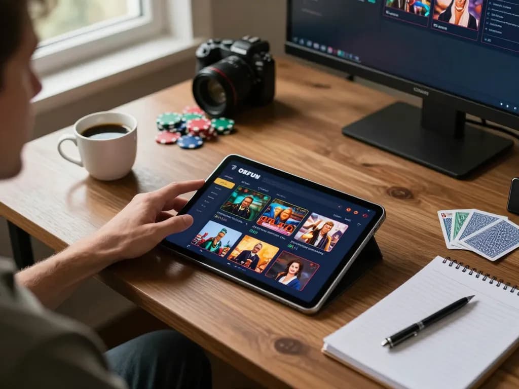 Player using the OKFUN app to engage in strategic gaming at home, showcasing comfort and focus
