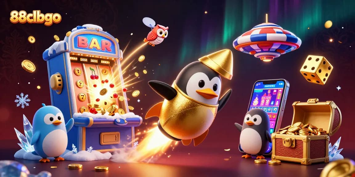 Experience thrilling casino action at 88clbgo with this vibrant illustration of a golden penguin soaring above a jackpot scene.