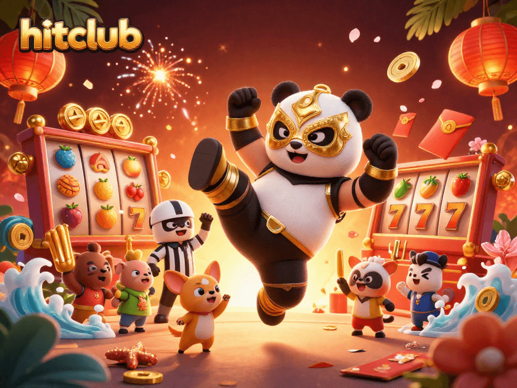 Experience excitement at hitclub with a 3D panda wrestler, bright slots, and vibrant festivities.