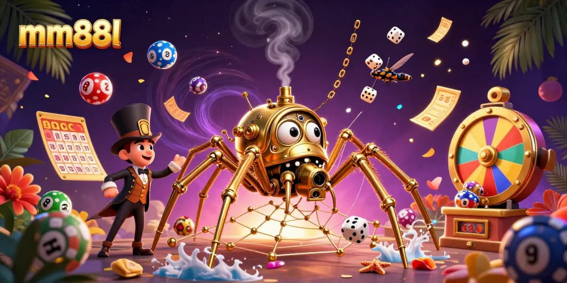 Engage with mm88l's thrilling casino experience featuring colorful lottery elements and steampunk art.