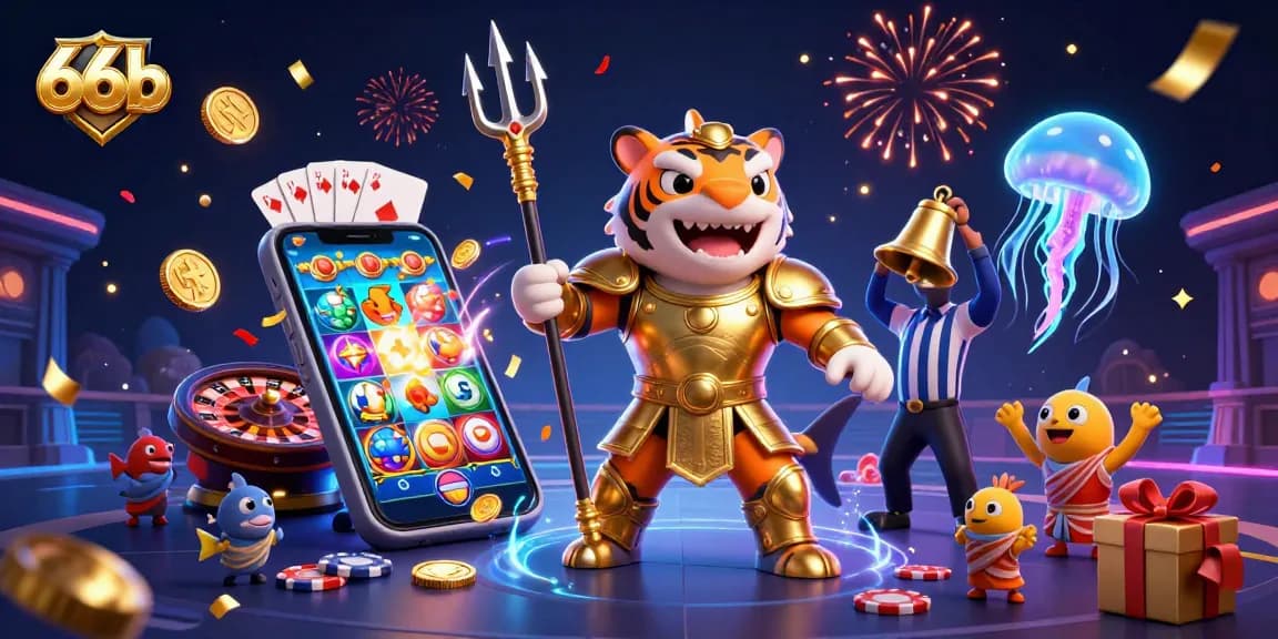 Engage in exhilarating casino action with 66b's tiger shark hero amid vibrant slot games and celebratory confetti.