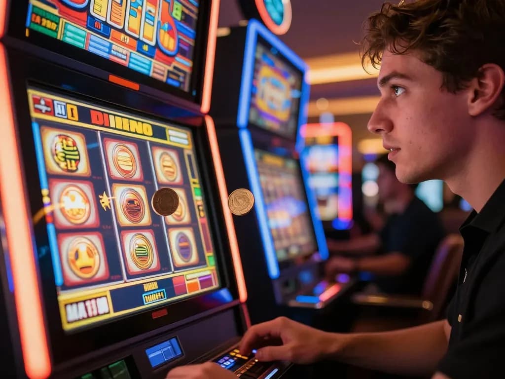 Player spinning the reels on KM777 slot machine in a vibrant casino setting, excitement evident in their focus.