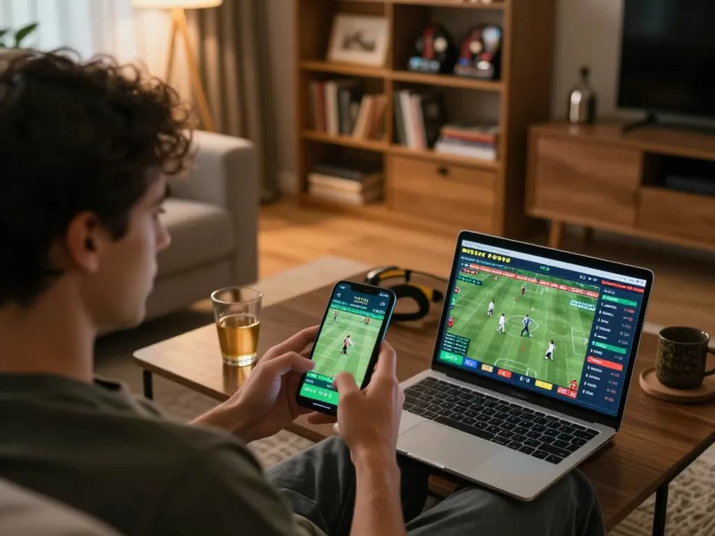 Player utilizing 789WIN app for sports betting, showcasing live match odds and strategic decisions.