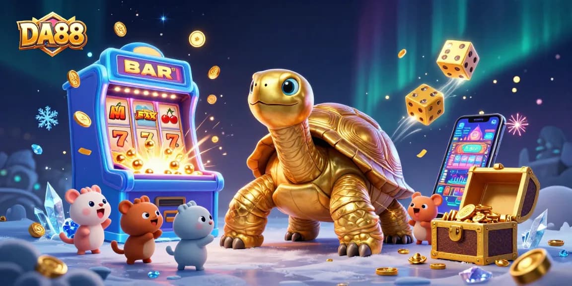 DA88 gaming scene with a colossal golden tortoise and slot machine bursting coins, highlighting thrilling casino excitement
