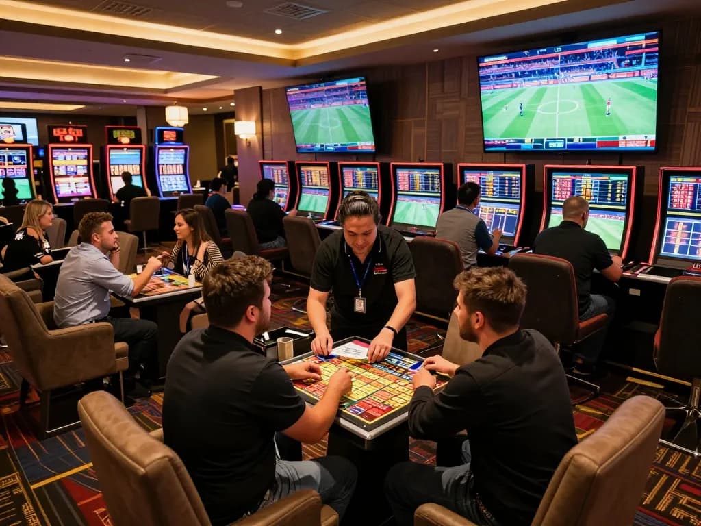 Experience the excitement of sports betting at va88, showcasing patrons and live event displays in a vibrant casino lounge