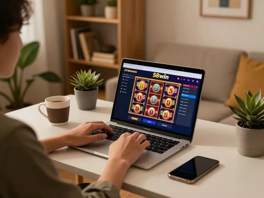 Join the excitement of 58win with a player enjoying online slots on a laptop, showcasing a cozy gaming setup.