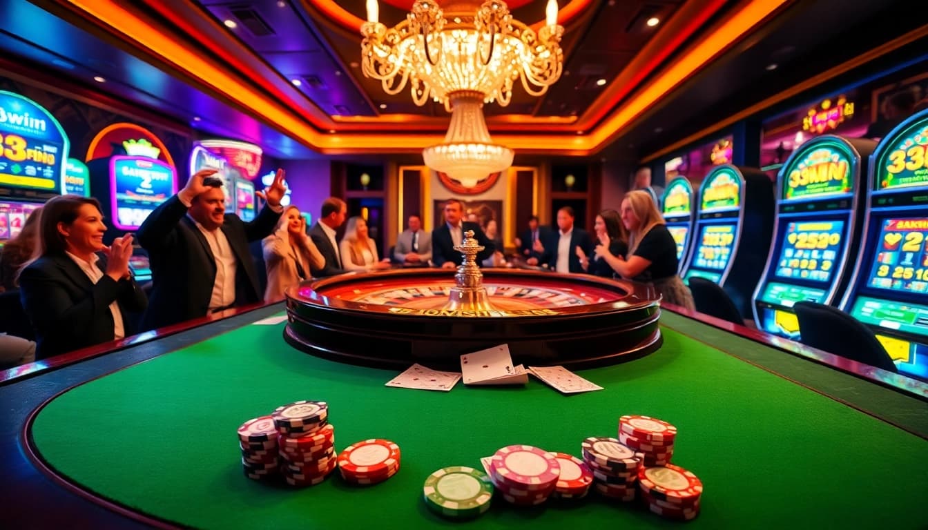 Experience the excitement of 33win at a vibrant casino table with chips and cards.
