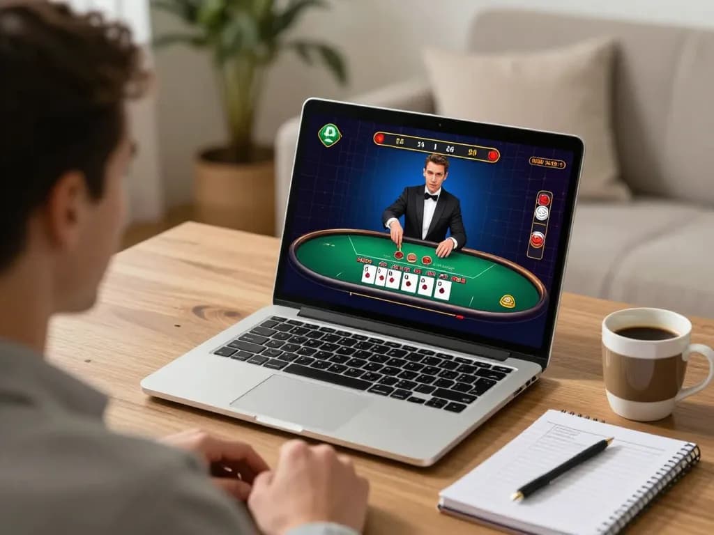 Player engaged in blackjack on BL555 online platform, with strategy notes on table.