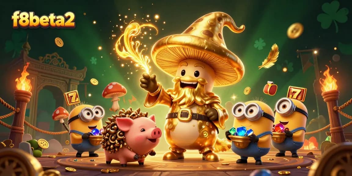 Play and win big at f8beta2 with a vibrant illustration of magic mushrooms and treasure!