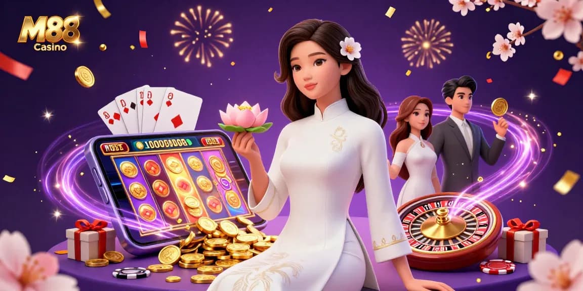 M88 casino showcases excitement with slots, cards, and immersive games in a vibrant 3D scene.