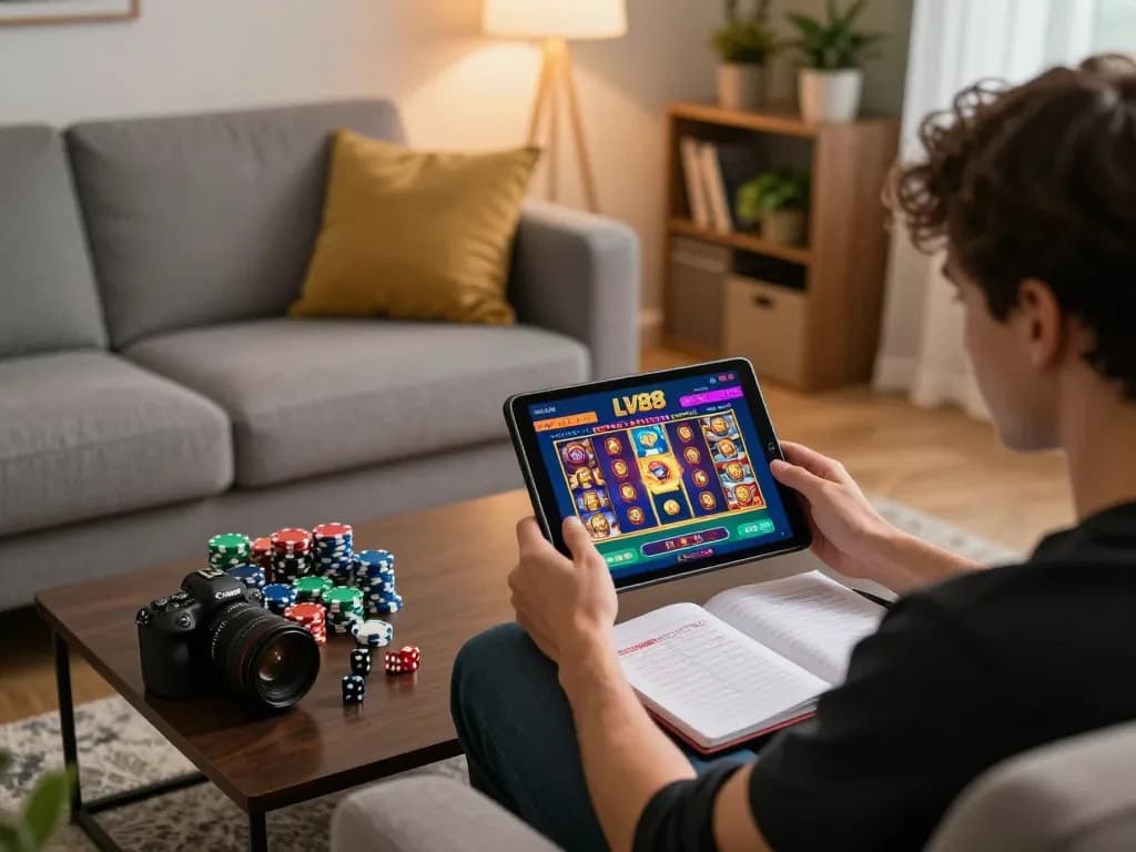 Engaging with the LV88 online casino interface, showcasing vibrant slot games on a tablet.