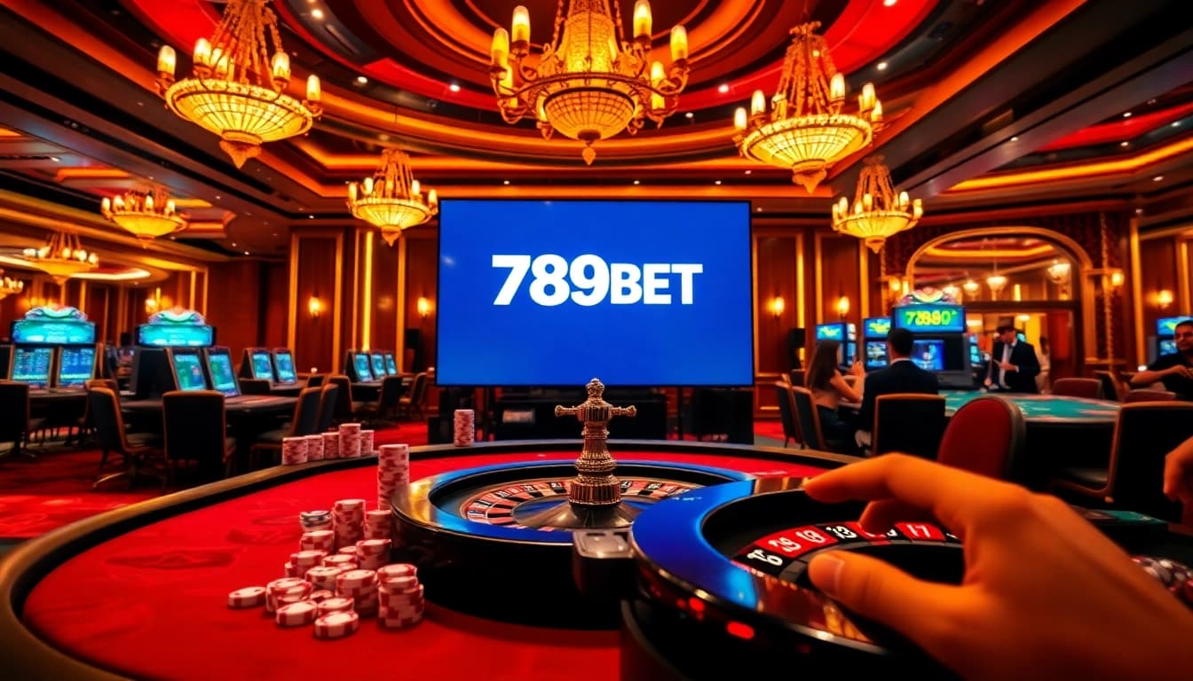 Exciting casino scene featuring 789BET logo with roulette wheel and poker chips.