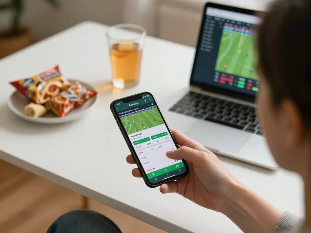 Person analyzing kèo nhà cái on mobile app while betting in a modern home office