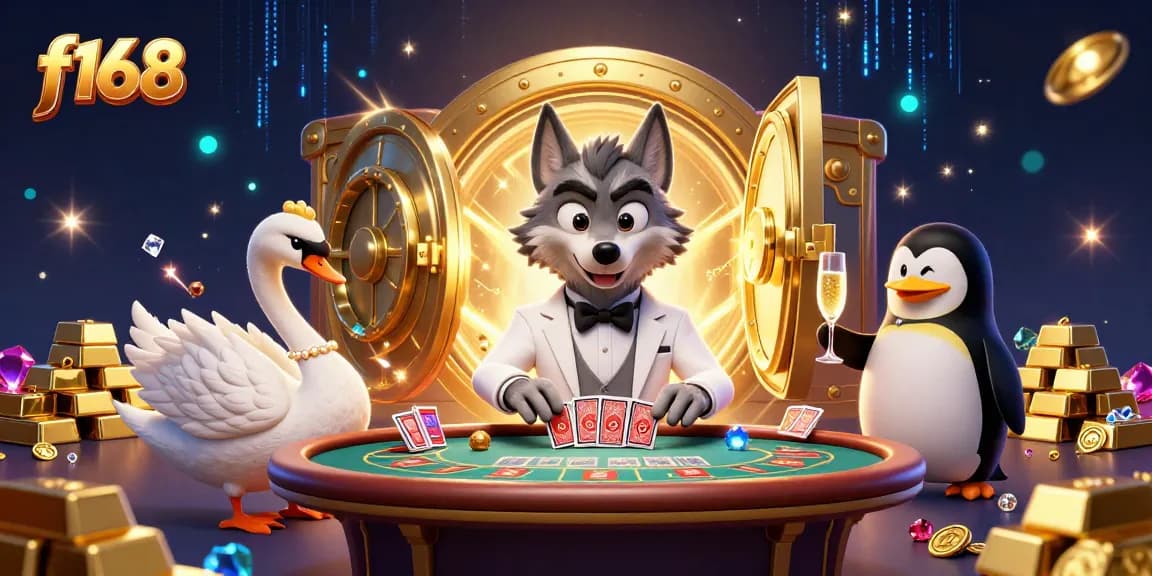 Experience the thrill of f168 with luxurious characters and dazzling treasures in this vibrant casino scene.