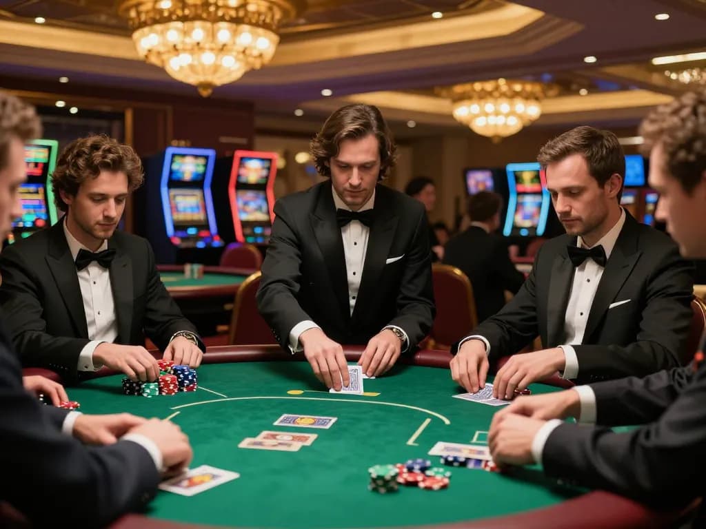 FIVE88 poker players making strategic bets amidst luxurious casino ambiance