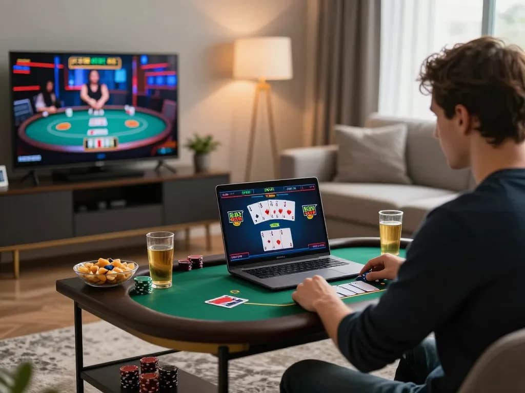 Engaging in a king 88 poker game on a laptop in a cozy setting.
