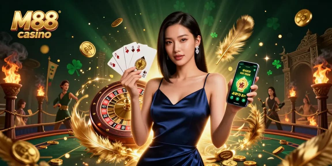 M88 casino promotional art featuring an elegant Asian woman holding a golden chip and smartphone amid dynamic gaming elements.