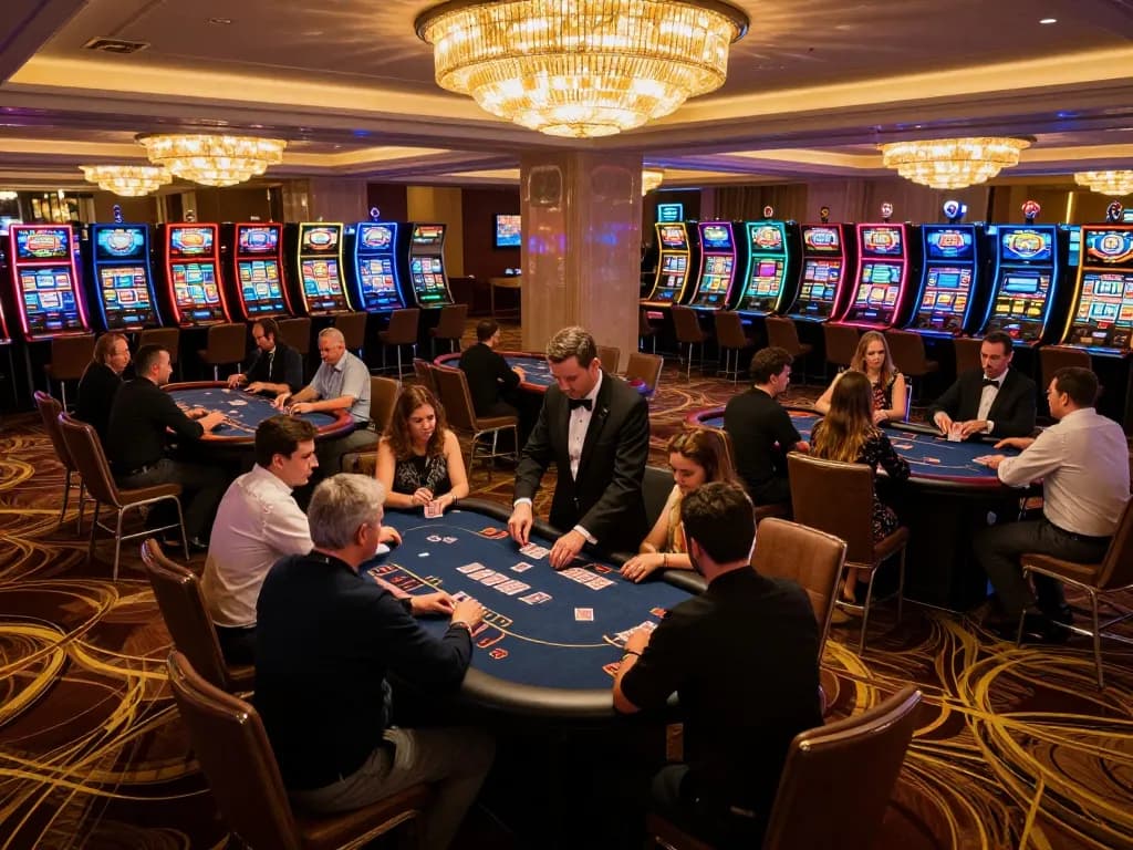 Players engaging in poker games at a vibrant casino floor, highlighting lively atmosphere and strategic gameplay at ve88.