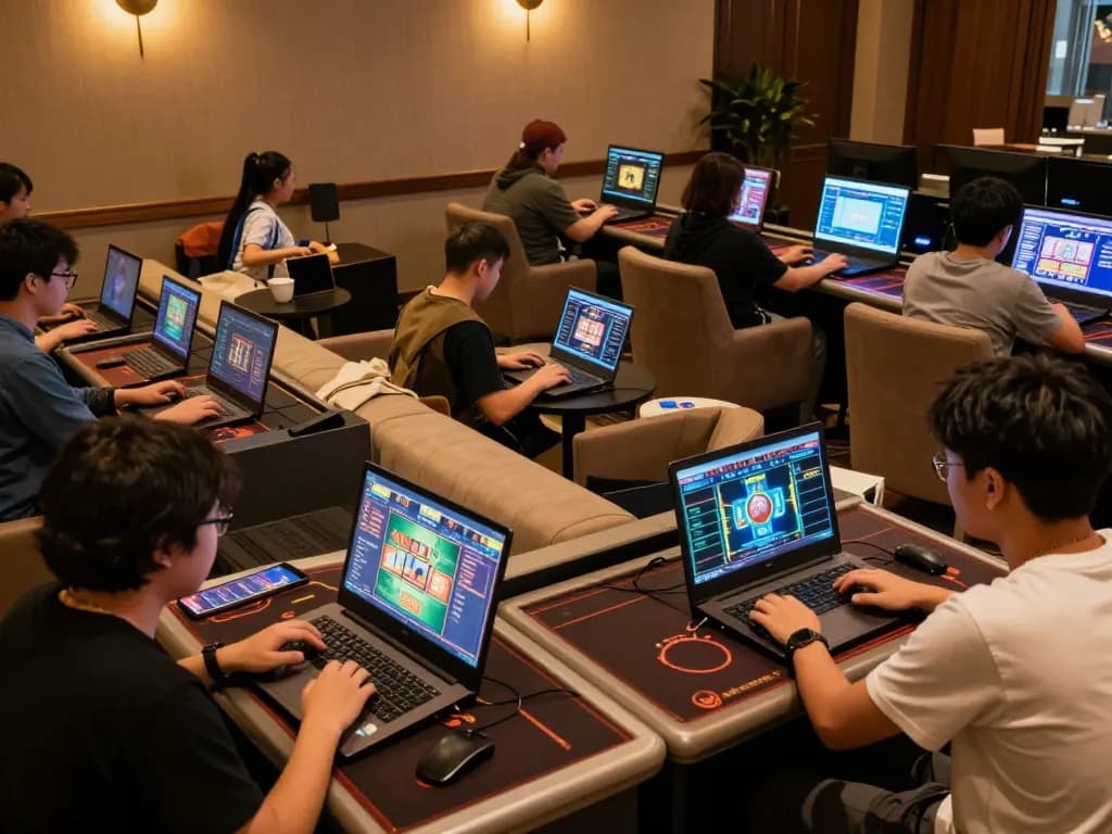 Players engaging in online casino games at xin88 on tablets and laptops, vibrant gaming environment.