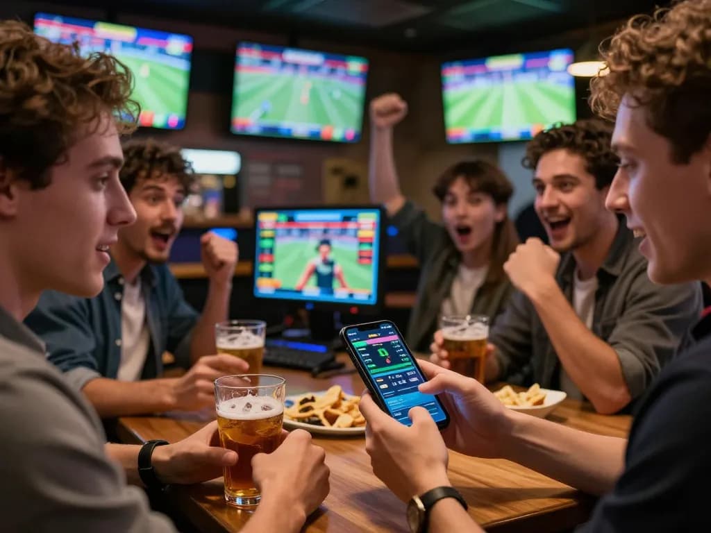 Friends engaging in sports betting excitement on okfun app at a lively sports bar.