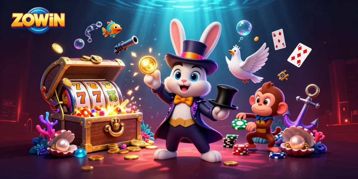 Experience ZOWIN's enchanting casino world with magical characters and vibrant slot symbols.