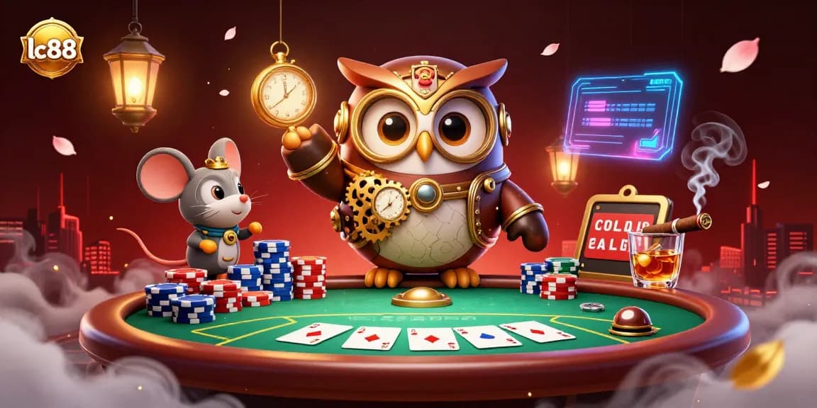 Play thrilling casino games like lc88 with a time-traveler owl in a vibrant 3D animated scene.
