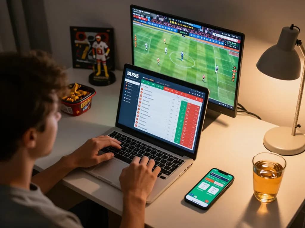 Experience sports betting excitement on Bl555 with vibrant gaming screens and a cozy home setup.