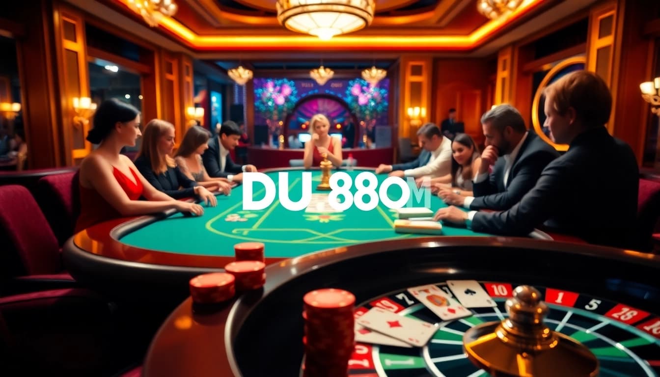 Engage in high-stakes poker action at DU88 COM casino, featuring colorful chips and an inviting atmosphere.