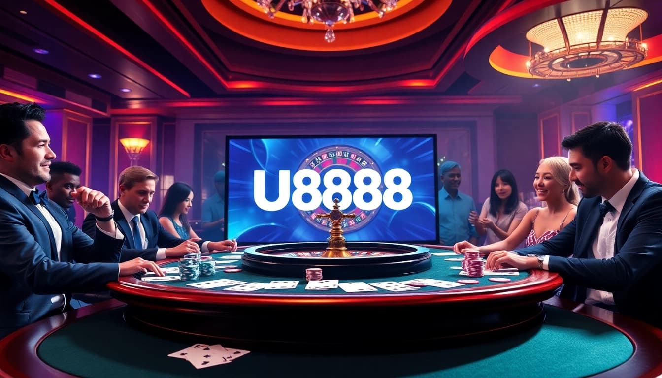 Experience the thrill of U888 with an elegant poker game at a vibrant casino.