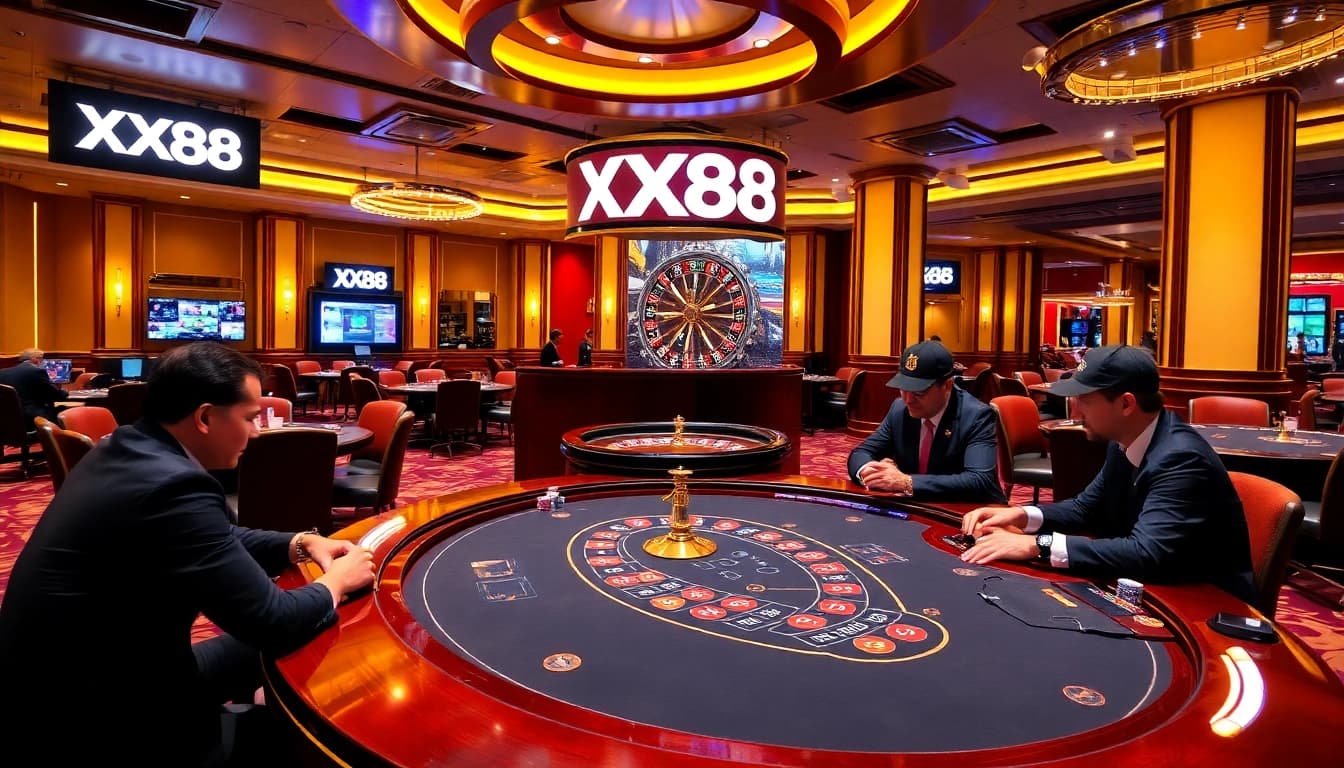 Engaging gameplay at a high-stakes casino featuring XX88 branding and vibrant poker tables.