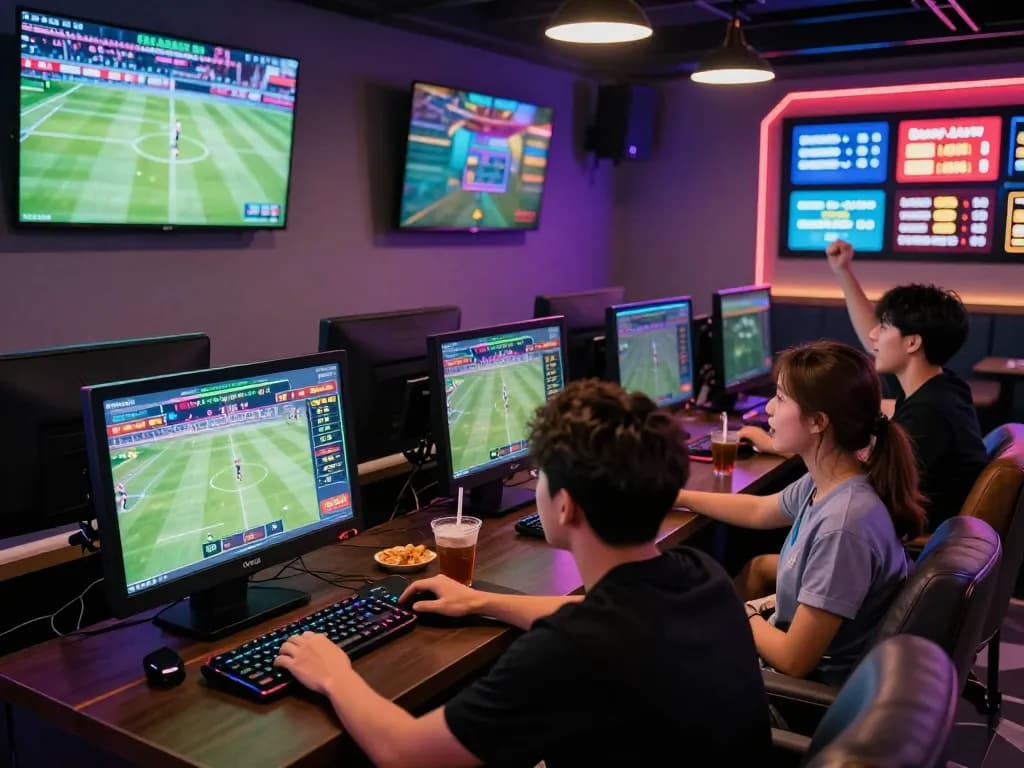 Rikbet gaming lounge with young adults placing bets and enjoying sports.