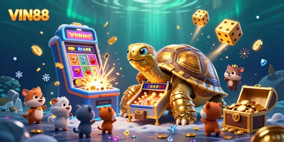 Experience the exciting world of VIN88 with a vibrant 3D illustration depicting thrilling casino action and colorful game elements.