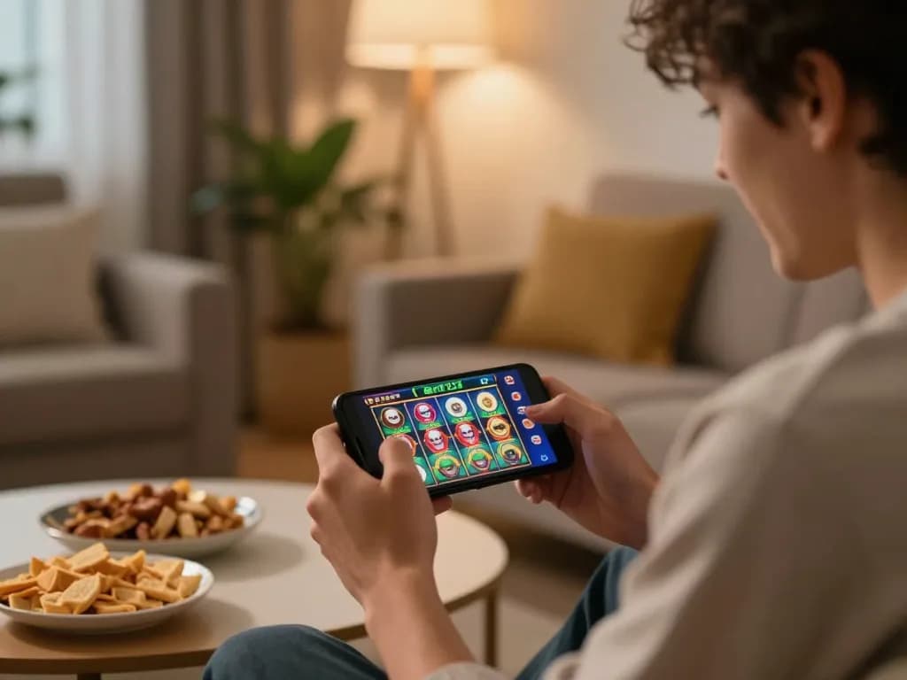 Jamsosindonesia gamer enjoying Joker123 mobile gaming on a cozy setup with vibrant slot visuals.