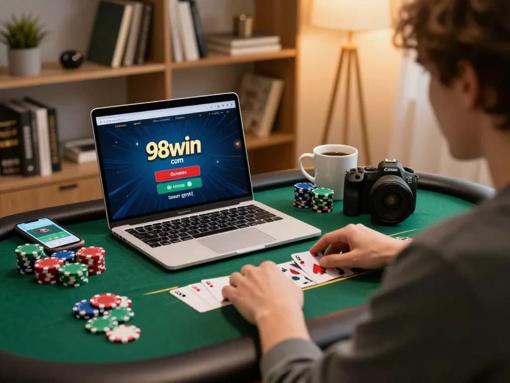 Engaged player exploring the 98win com platform for online casino gaming on a laptop at home.