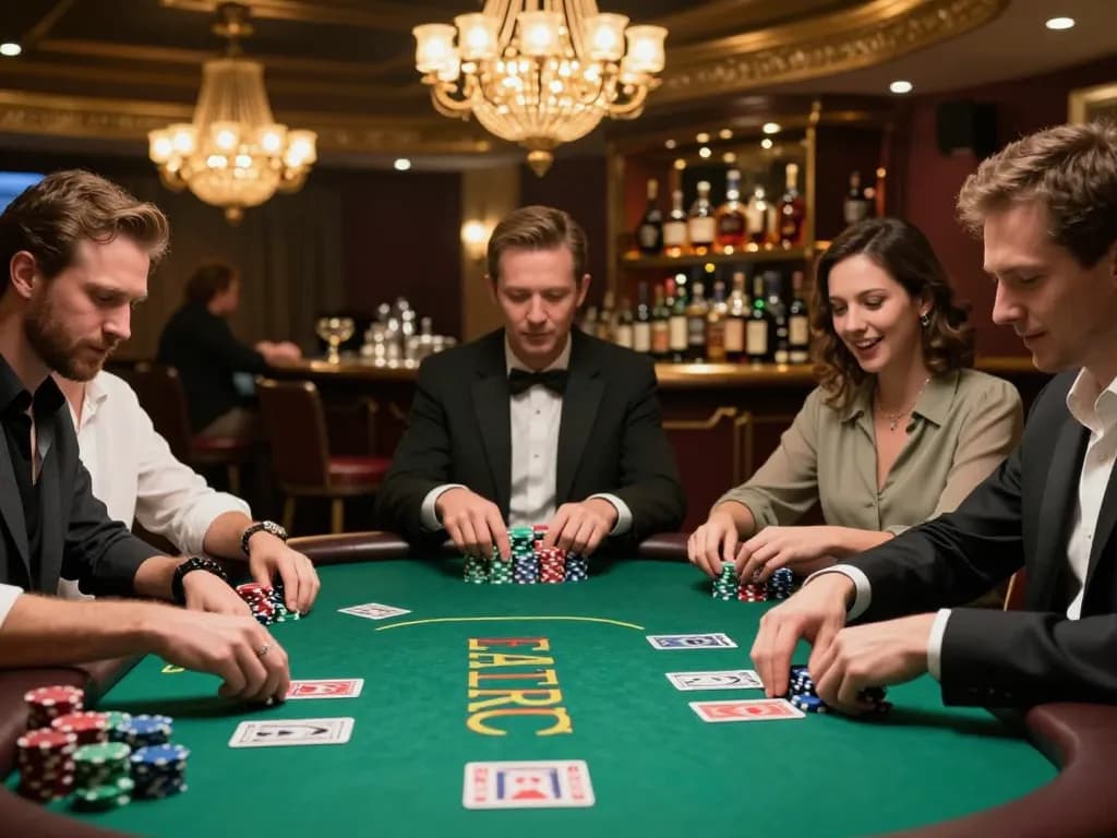 Kong88 players strategizing at a luxurious poker table in a vibrant casino setting