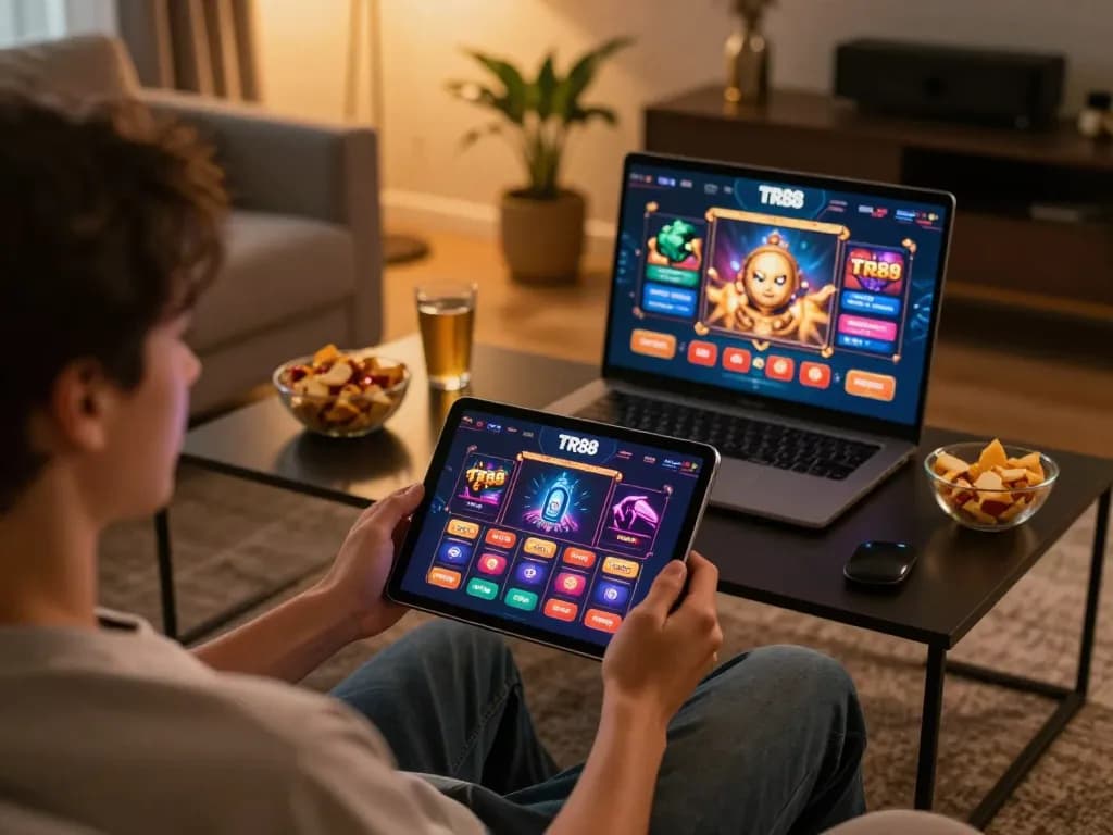 Play engaging games on the TR88 casino app from a cozy home setup featuring modern decor.