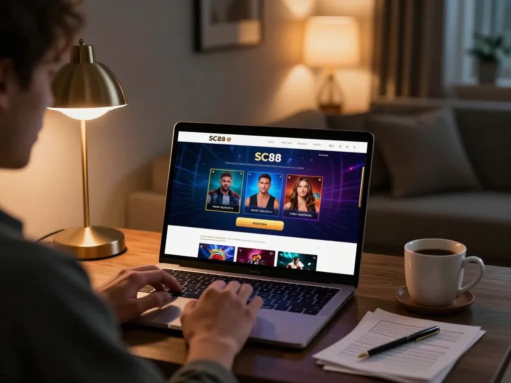 SC88 online gaming platform displayed on laptop in a stylish home setting, creating an engaging gaming atmosphere.
