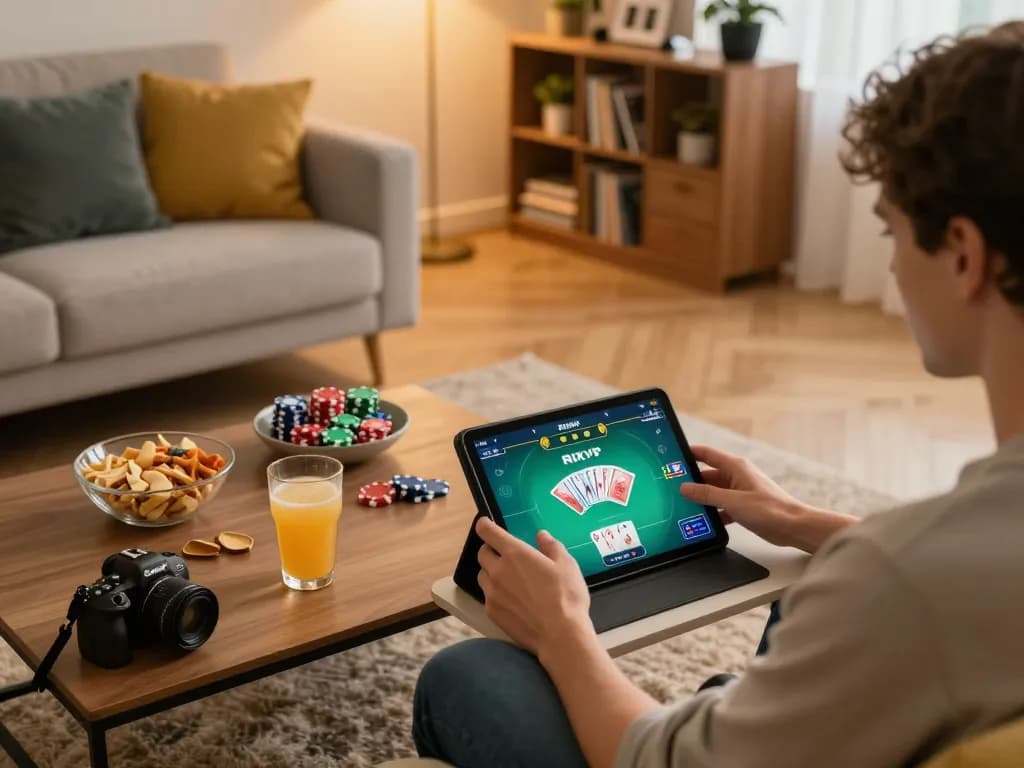 Engaging in dynamic online gaming on RIKVIP poker app in a cozy home setting