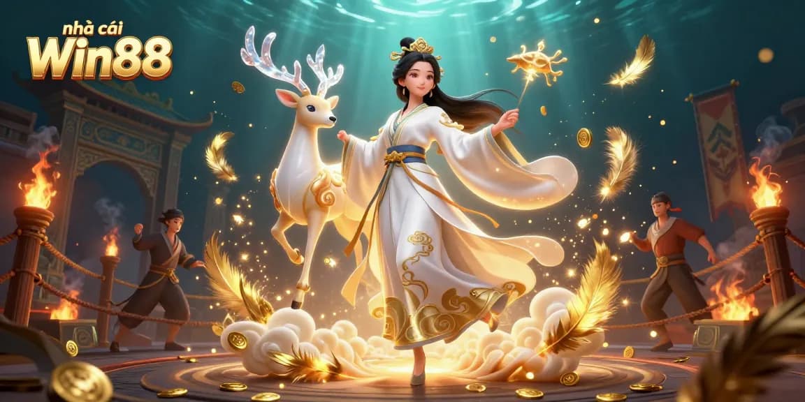 Experience thrilling moments at nhà cái Win88 with stunning visuals of a modern hanfu-clad woman amid an exciting casino environment.