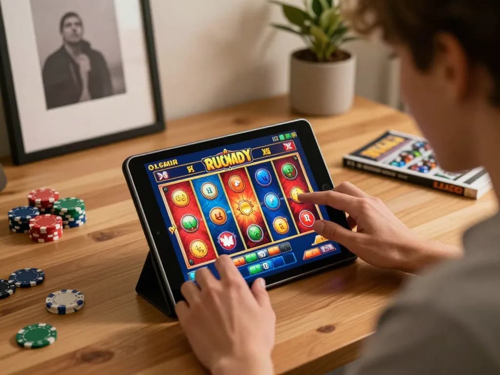 Experience responsible online gambling with FIVE88 on a tablet, showcasing exciting slot gameplay at home