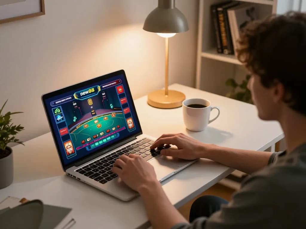 Playing live dealer games at new88 on a laptop, showcasing an engaging online gambling experience.