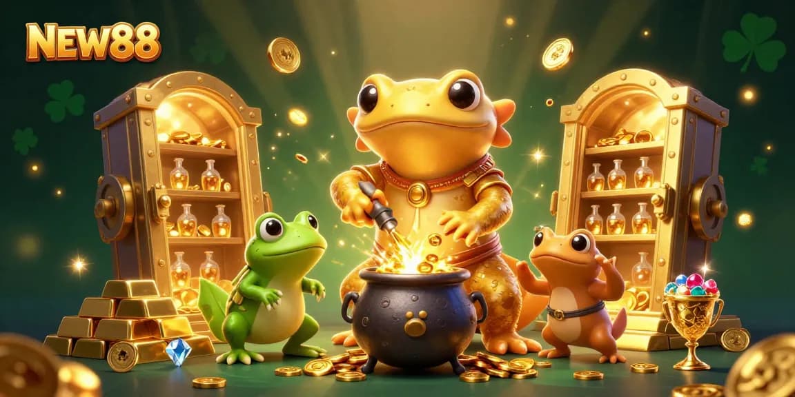NEW88 transforms base metals into gold coins in a vibrant, magical casino environment.