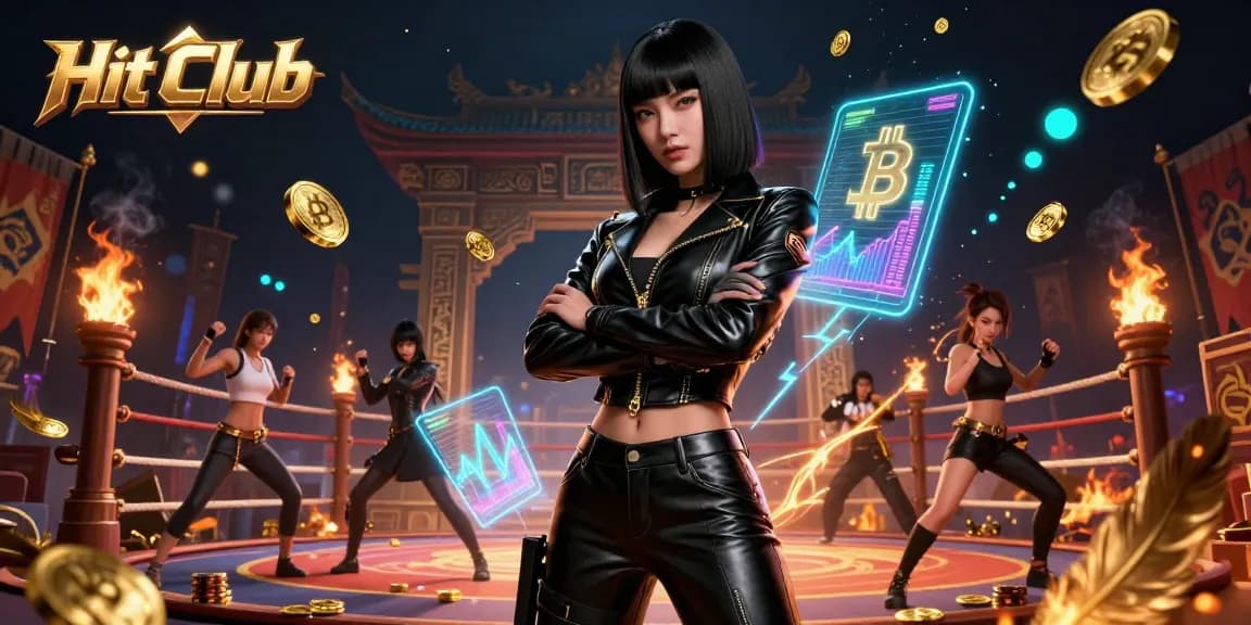 Hit Club showcases a stunning Asian woman in a powerful stance, surrounded by gambling elements and vibrant visuals.