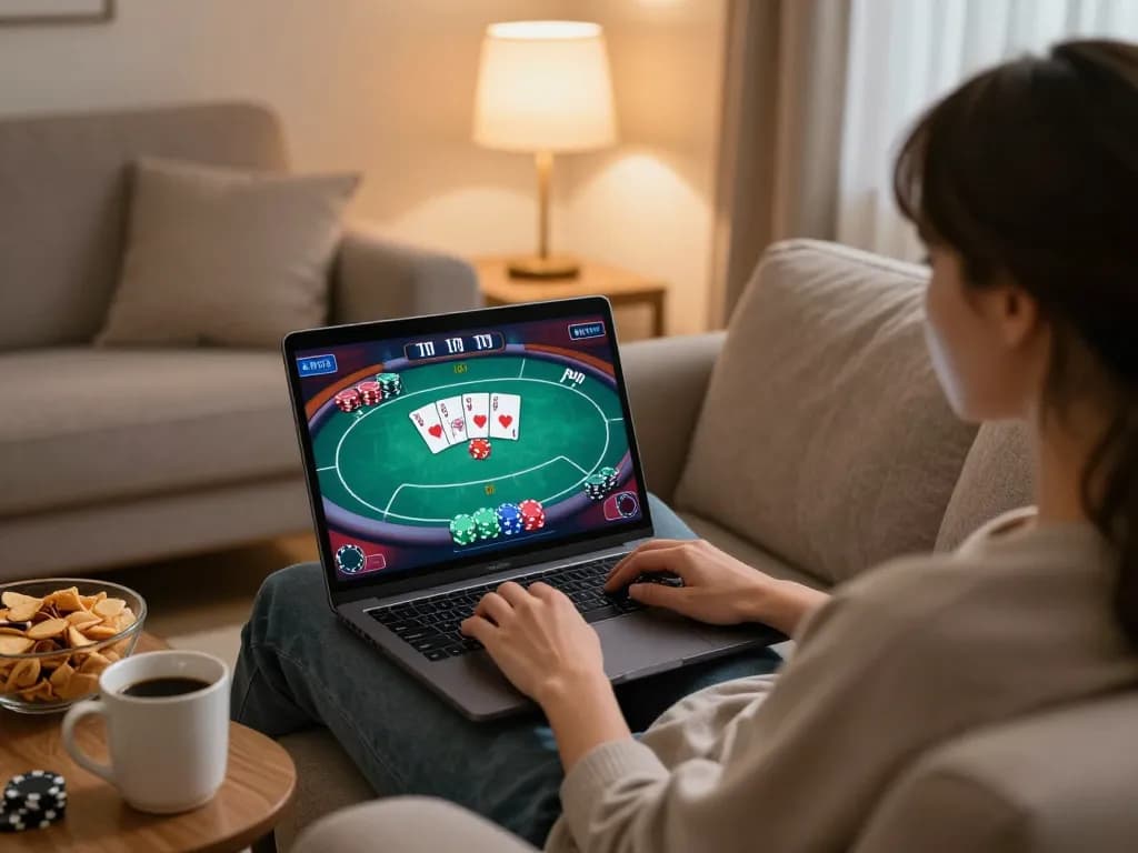 LV88 player enjoying online poker game in a cozy home setting with strategic notes nearby.
