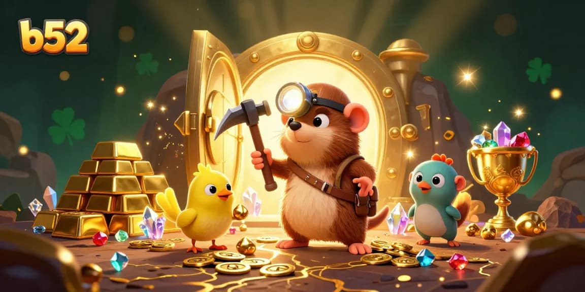 Experience thrilling jackpots at b52 with a lively treasure hunting scene filled with fortune and glowing treasures.